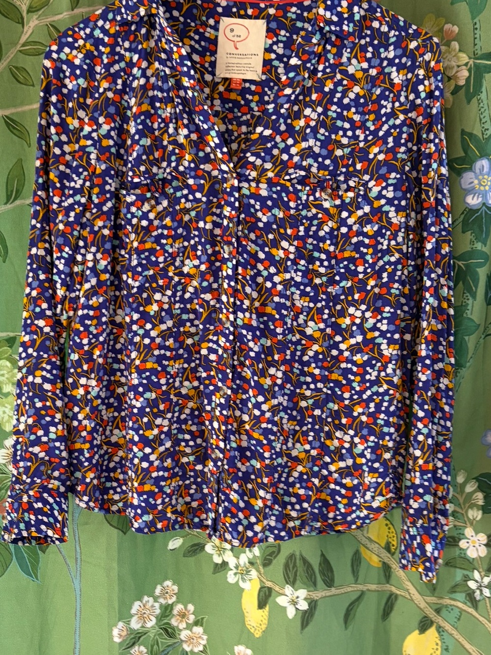 9 of 52 Conversations by Anthropologie Navy Floral Dot Button-Down Shirt